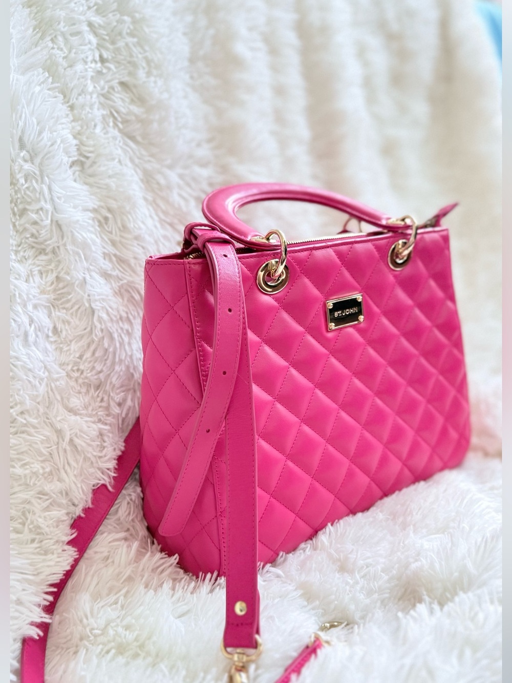 St. John Hot Pink Quilted Satchel with Gold Hardware